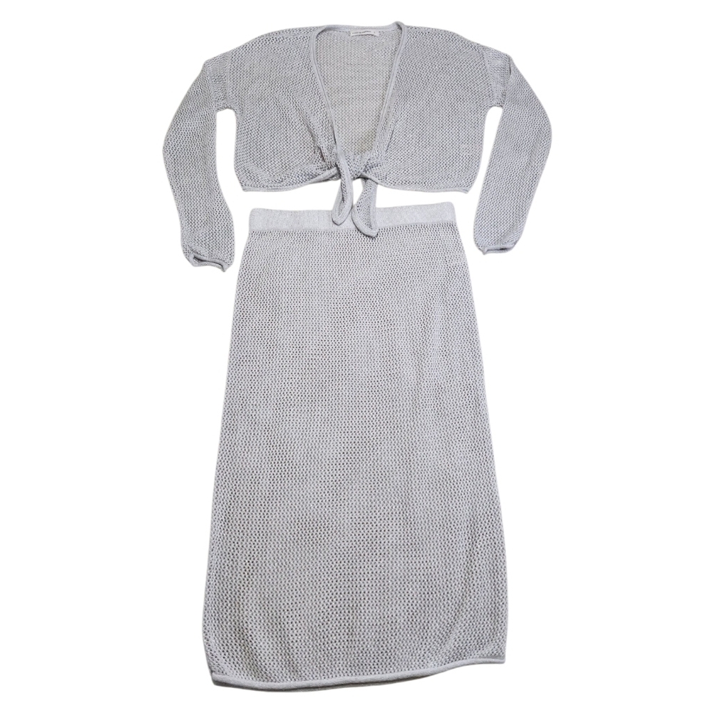 MOON & MADISON Open Knit Tie Front Cardigan & Skirt Set Sz Large Silver & Gray